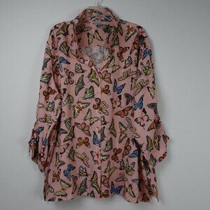 John Mark Butterfly Print Tunic Top Women's Plus Size 3X Pink Wire Collar